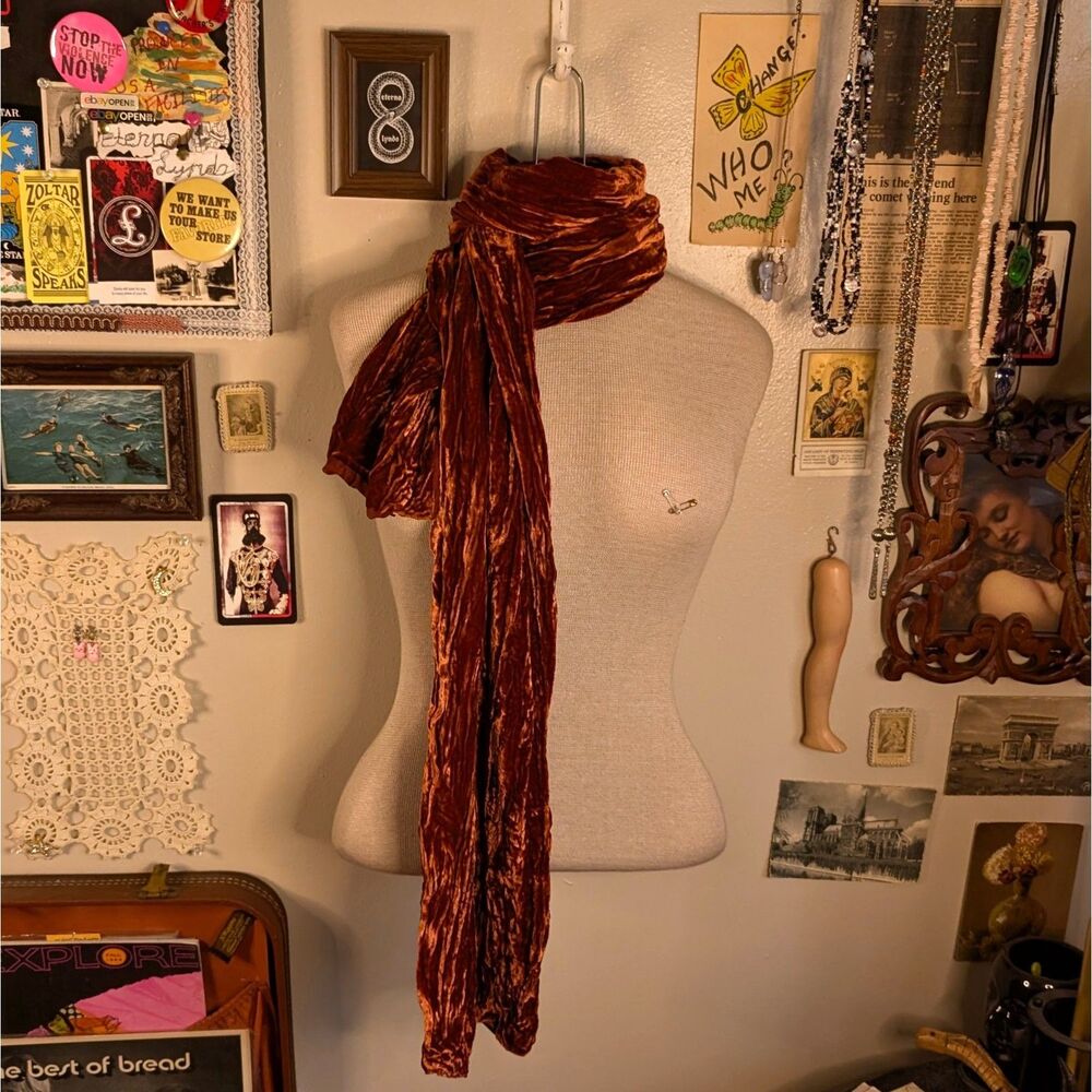 Crushed Velvet Long Scarf Unisex Dark Rust Orange